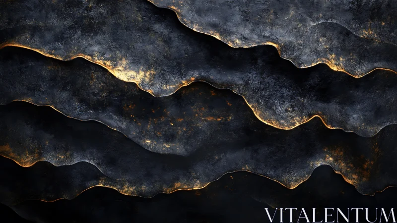 Layered metallic ridges form stratified illuminated bands