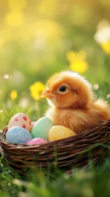 Photorealistic chick in wicker nest with pastel Easter eggs.