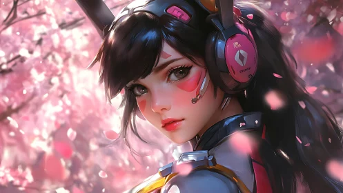 Headset-wearing female cyborg amid pink cherry blossoms.