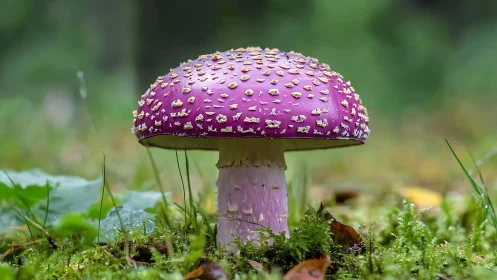 Macro forest study of single violet mushroom with granular cap texture