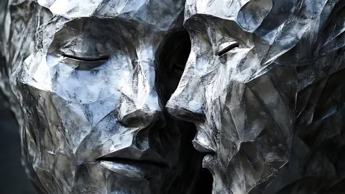 Photorealistic metallic busts in faceted close-contact composition.