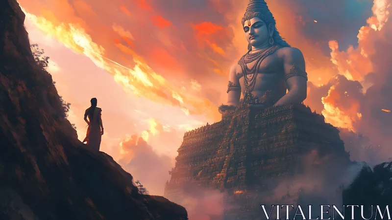 Colossal Shiva temple mountain under cinematic sunset sky