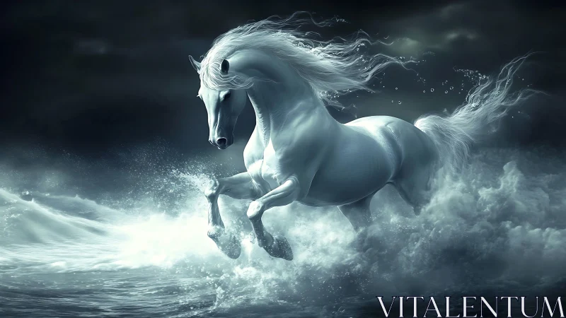 White horse moves through breaking waves under dark sky