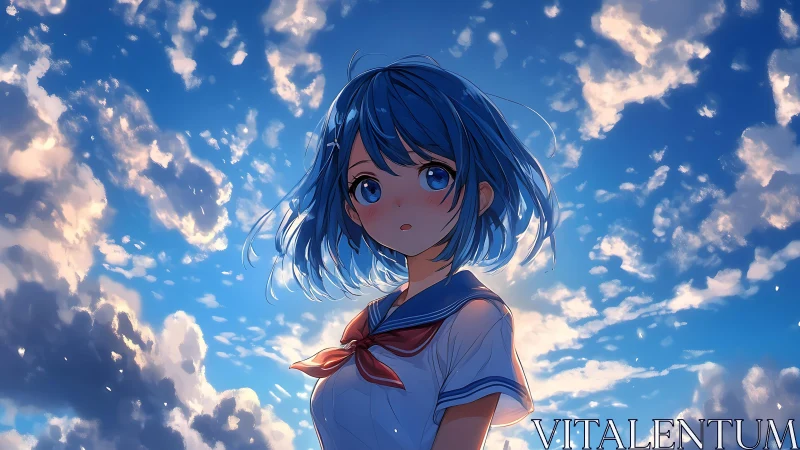 Blue haired dreamer pauses beneath a wind tossed summer sky