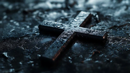 Rain-soaked steel cross resting in midnight streetlight hush.