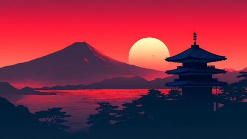 Crimson sunset bathes temple and mountain in silhouettes.