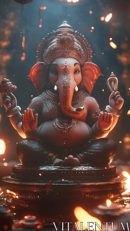 Ganesh idol in cinematic firelit shrine with molten highlights.
