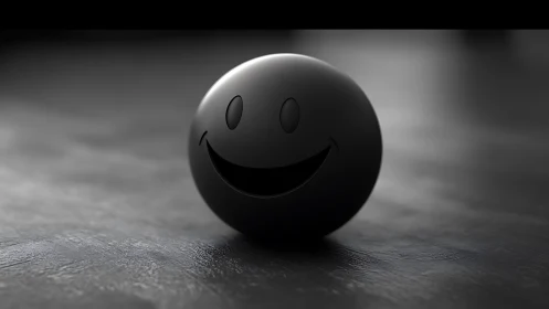 Black spherical smiley face object on dark textured surface.