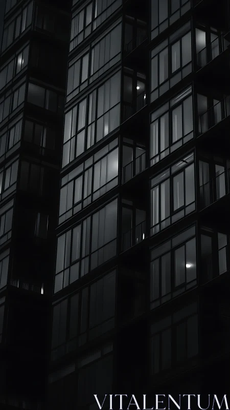 Nocturnal glass facade isolates illuminated urban interiors