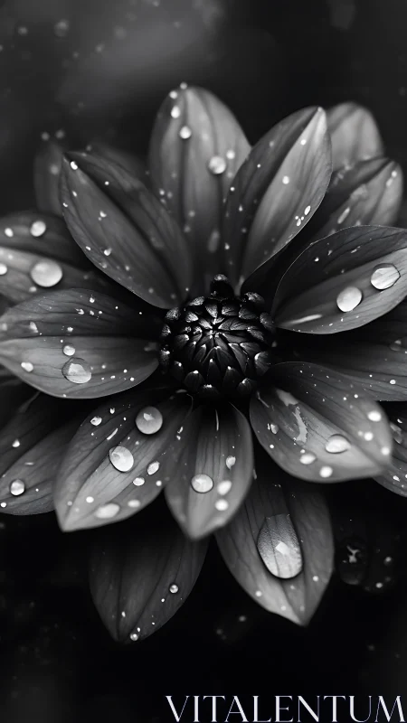 Black and white macro photograph of single flower bloom with water droplets on petals