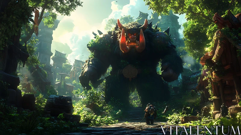 Colossal forest warbeast confronts lone warrior in ruins.