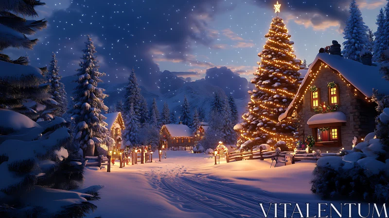 Cozy winter village glowing with twinkling holiday lights.