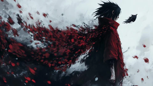 Dark haired figure in red cloak dissolving into red fragments