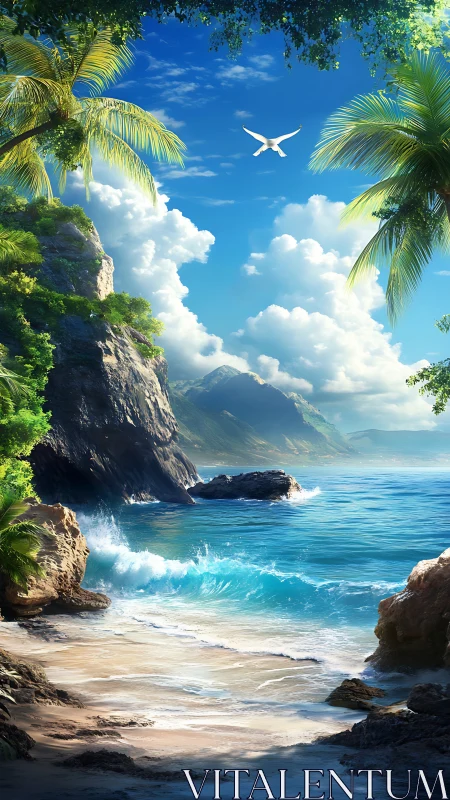 Tropical Coastal Paradise with Soaring Aircraft.