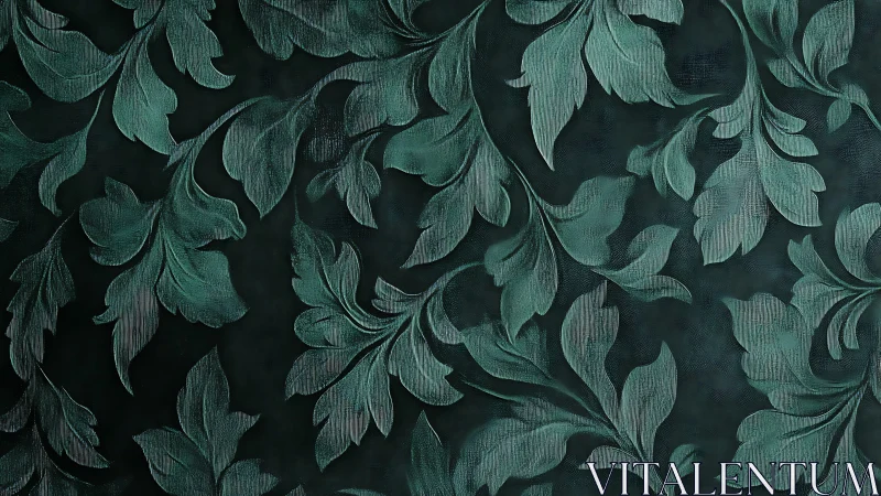 Dark teal leaf pattern wallpaper with textured foliage.