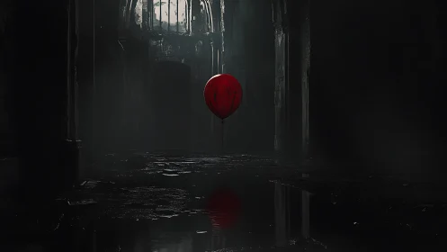 Red balloon in dark ruined hall with eerie reflected light.
