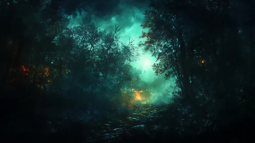 Enchanted Forest Portal Glowing Between Twisted Trees