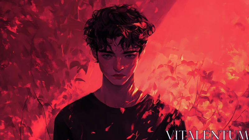 Digital portrait of young male figure in red foliage field.