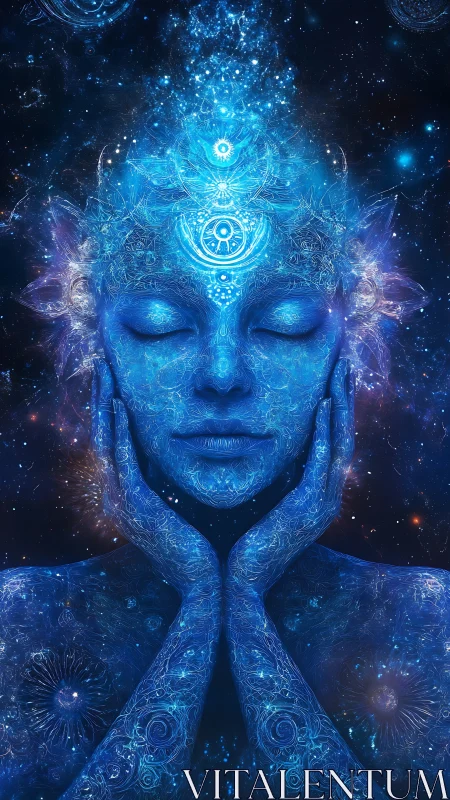 Luminescent cosmic avatar rendered with intricate fractal linework