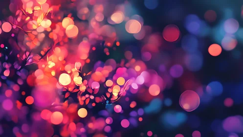 Vibrant bokeh light garden in glowing neon colors.