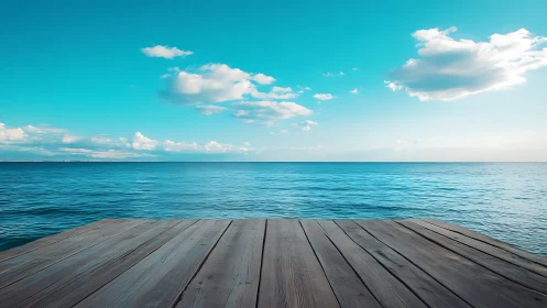 Wooden pier overlooks calm turquoise sea under bright sky