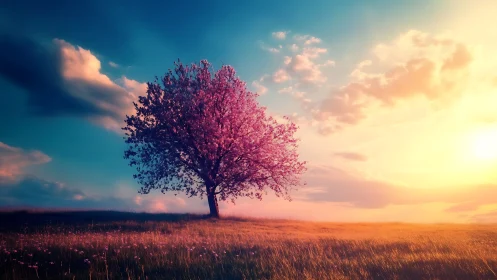 Isolated blossom tree under high-saturation sunset gradient lighting