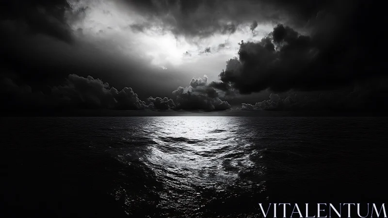 Monochrome seascape under storm front with central glare focal point.