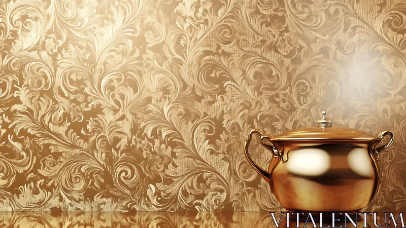 Gilded soup tureen hums quietly against swirling baroque gold