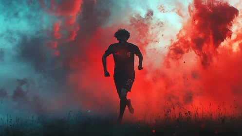 Runner sprints through red and cyan smoke on open field