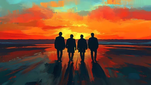 Silhouetted quartet walking toward vivid orange coastal sunset