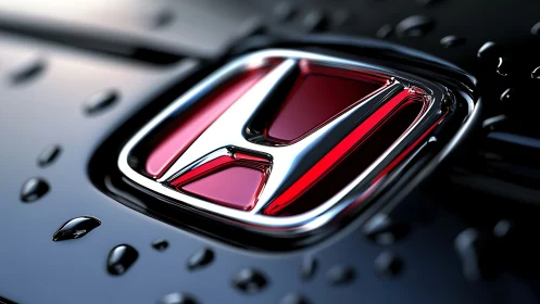 Chrome automotive emblem is mounted on wet black surface