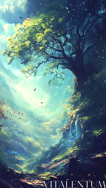 Luminous Canyon Valley with Ancient Tree Overlooking Mystical Landscape.