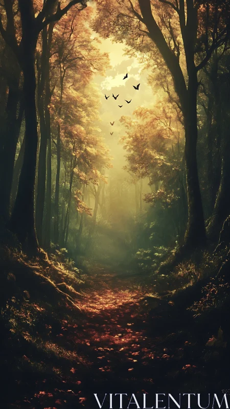 Luminescent Forest Corridor with Avian Silhouettes and Volumetric Light Diffusion.