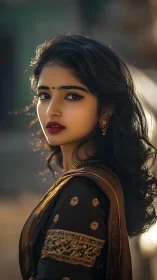 Golden hour portrait of a woman in embroidered saree.