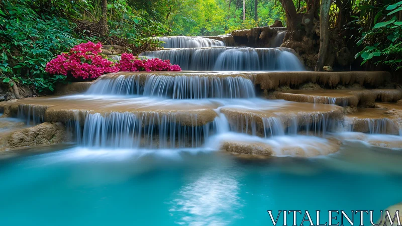 Velvet cascades whisper over terraces of turquoise calm