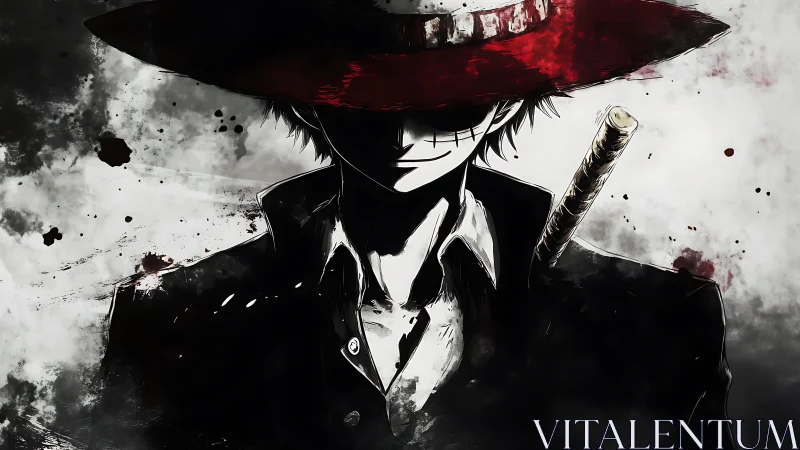 Stylized swordsman portrait rendered in high contrast ink