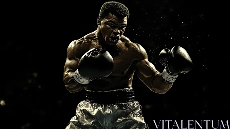 Professional boxer photographed against black background with dramatic lighting