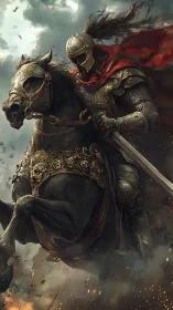 Armored mounted knight with sword and red cloak in motion.