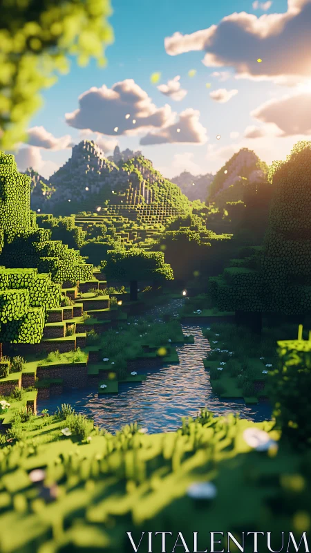 Voxel river valley under cinematic sunset lighting.