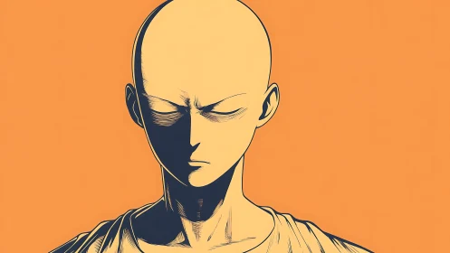 Bald stylized character is depicted in centered frontal portrait