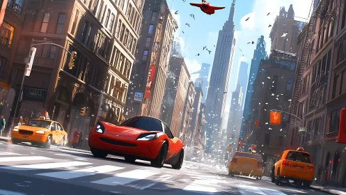 Red electric sports car in dynamic New York street scene