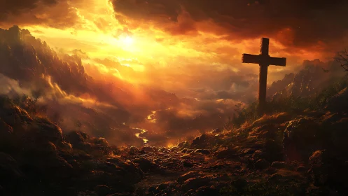 Sunlit mountain cross above glowing valley river at dusk