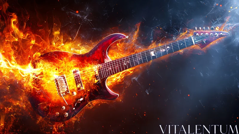 Flaming electric guitar in dynamic high-contrast digital art.