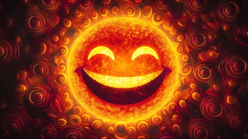 Radiant solar emoji rendered as molten cosmic vortex sphere