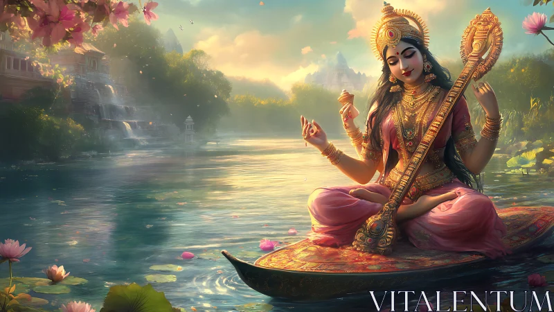 Divine river goddess on lotus boat with veena at sunrise