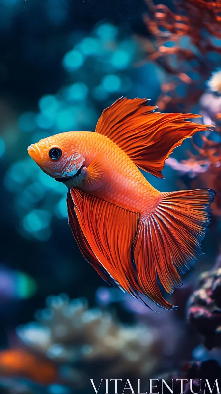 Orange betta fish in side profile within blue aquarium.