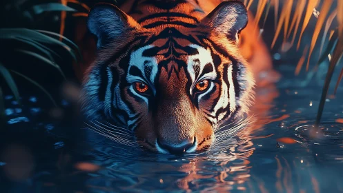 Midnight tiger sentinel drinking firelight from water.