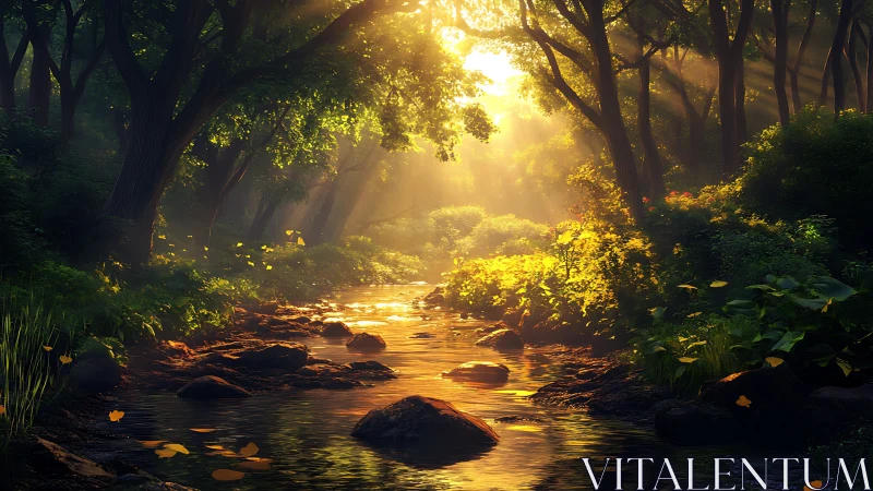 Forest stream with filtered sunlight and vegetation.