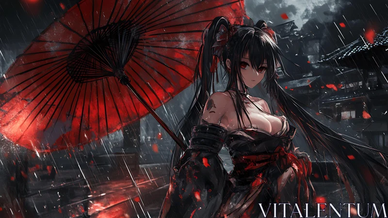 Scarlet storm maiden beneath a blazing red paper umbrella.