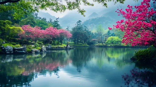 Photorealistic lakeside garden with flowering cherry trees.